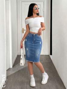 Plus Size Women Stretchy Fitted Sexy Denim Mini Skirt - Medium Wash - View 4