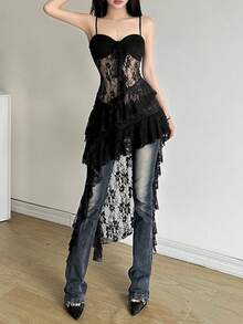 YeonC Solid Color Lace Patchwork Sheer Ruffle Hem Sexy Camisole Dress - Black - View 4