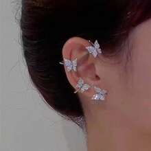 Rhinestone Butterfly Ear Cuffs, Fashion Daily Wear No Piercing Ear Clips, Cute Sweet Aesthetic Non-Pierced Cartilage Earrings, Trending Women's Ear Jewelry - 右耳是銀色的. - 查看 2