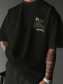 Zrgoth Men's Minimalist And Versatile Short Sleeve T-Shirt With Japanese Crane Print - Black - View 2