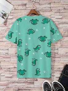 男士加大码睡衣套装 | 圆领短袖上衣和松紧腰休闲短裤，两件套 | 涤纶针织面料，亲肤透气，宽松版型 | 可爱霸王龙脚印图案印花，休闲设计 - 薄荷綠 - 查看 3