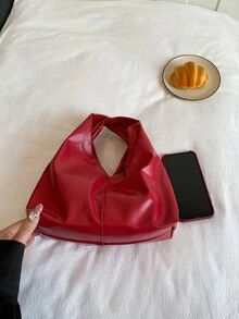 时尚百搭纯色新款PU单肩包，休闲简约纹理法棍小手提包，女士 - 紅色 - 查看 3