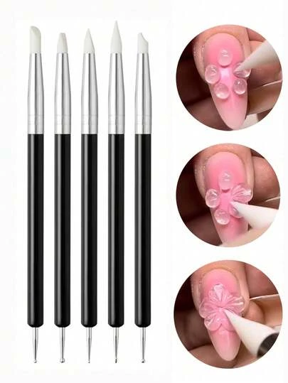 5pcs Acrylic Nail Art Silicone Brush Set, Black Carving Painting Pointed Tip, UV Gel DIY Polishing Double-Ended 3D Flower Shaped Drawing Engraving Nail Decoration Tools