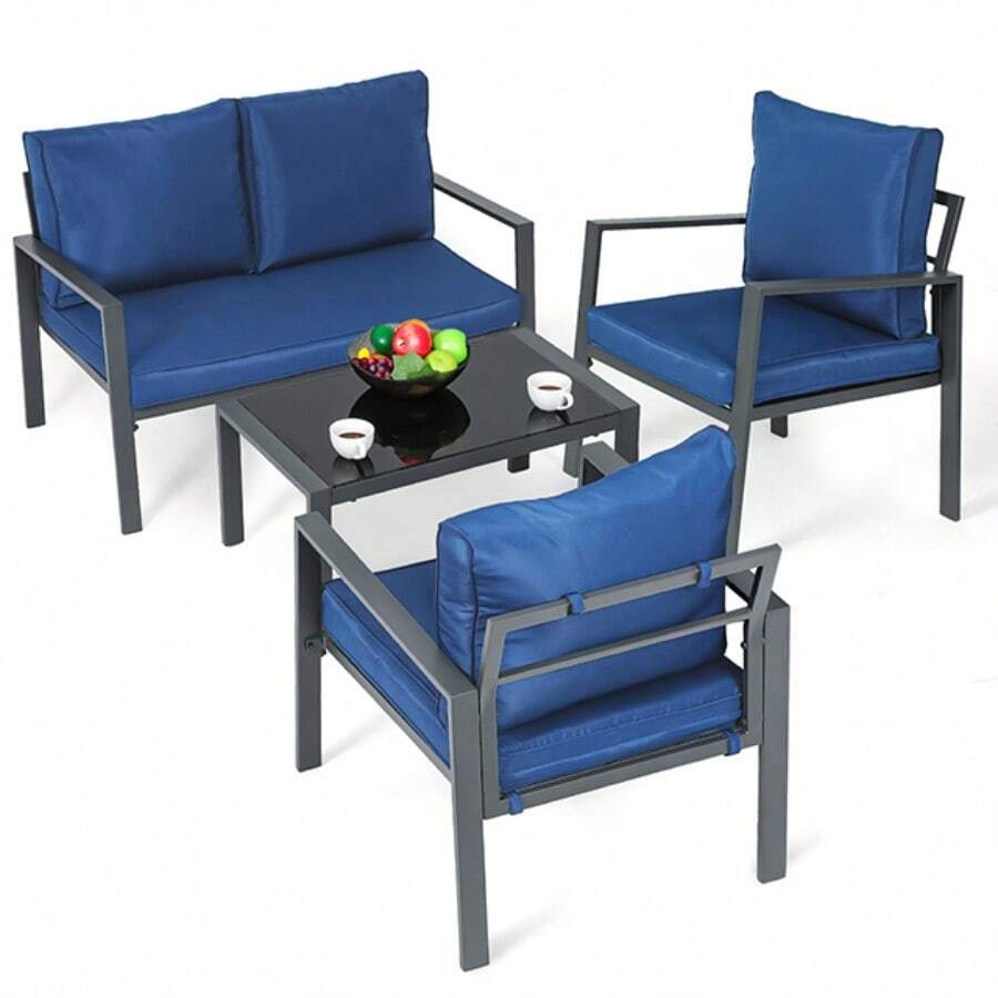 Patio Furniture Set Of 4, Heavy Duty Conversation Sets Outdoor Metal Table And Loveseat Chairs Set With Upholstered Seat And Pillows - Blue - View 1