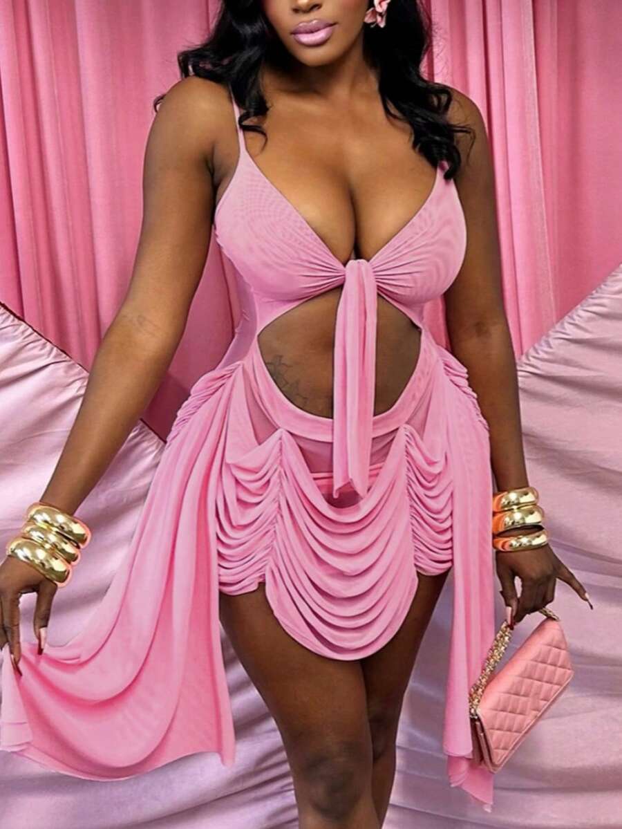 Elegant Party Tassel Sexy Deep V-Neck Halter Dress Vacation - Pink - View 1