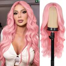 BigTrse Peluca larga ondulada de color rosa de 26 pulgadas con raya al medio para mujeres, peluca ondulada y rizada de aspecto natural de fibra sintética resistente al calor para uso diario y fiestas - Multicolor - Ver 1