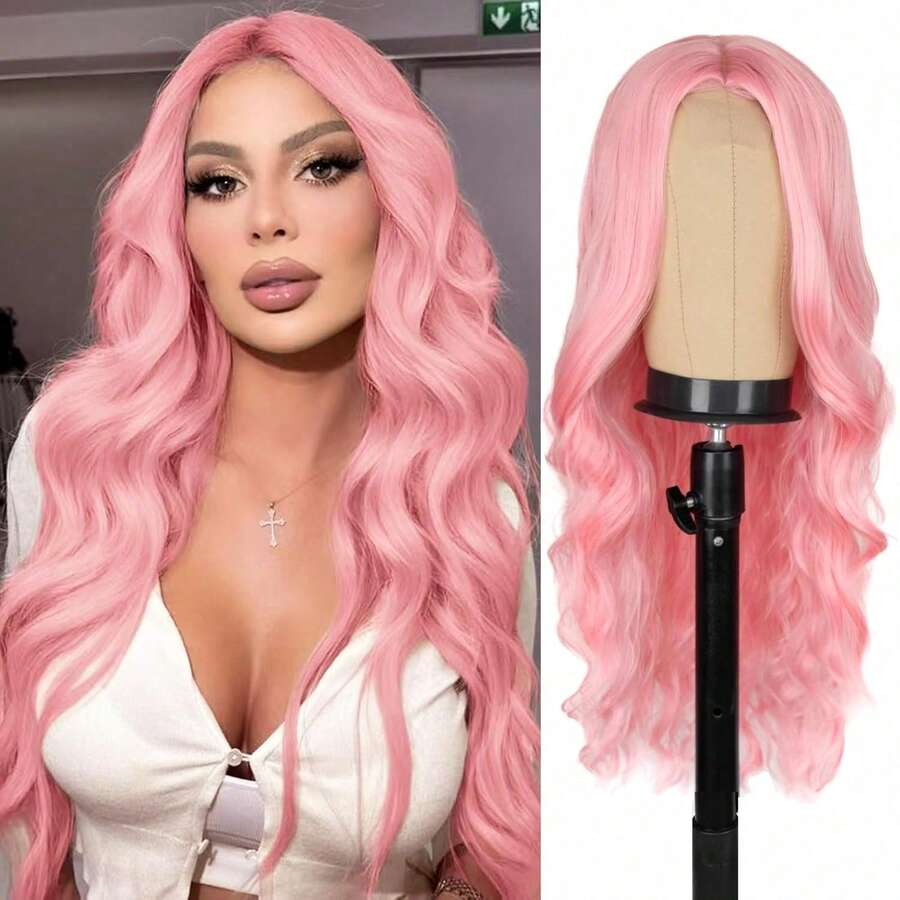 BigTrse Peluca larga ondulada de color rosa de 26 pulgadas con raya al medio para mujeres, peluca ondulada y rizada de aspecto natural de fibra sintética resistente al calor para uso diario y fiestas - Multicolor - Ver 1