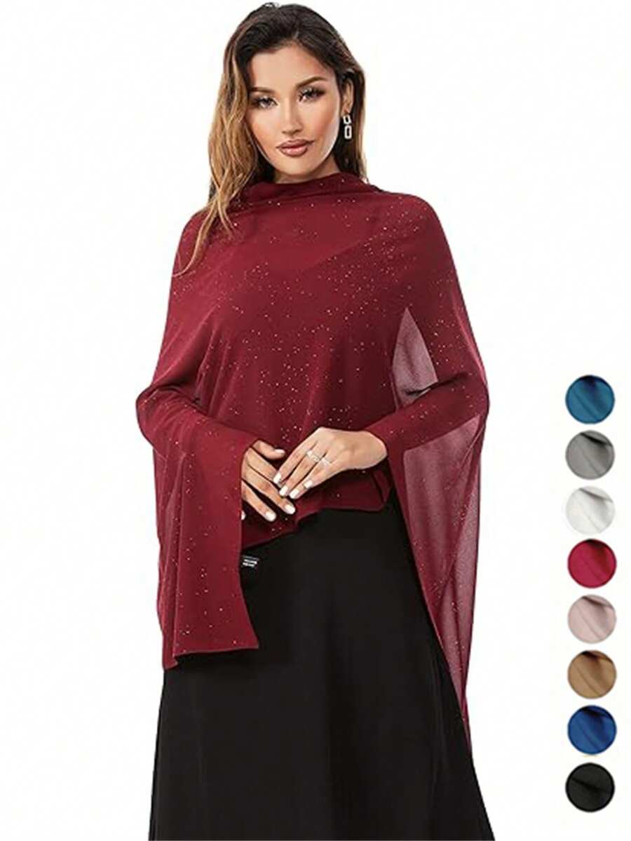 1件优雅柔软丝滑闪亮雪纺披肩/围巾，适用于晚礼服、新娘婚纱 - 彩色 - 查看 1