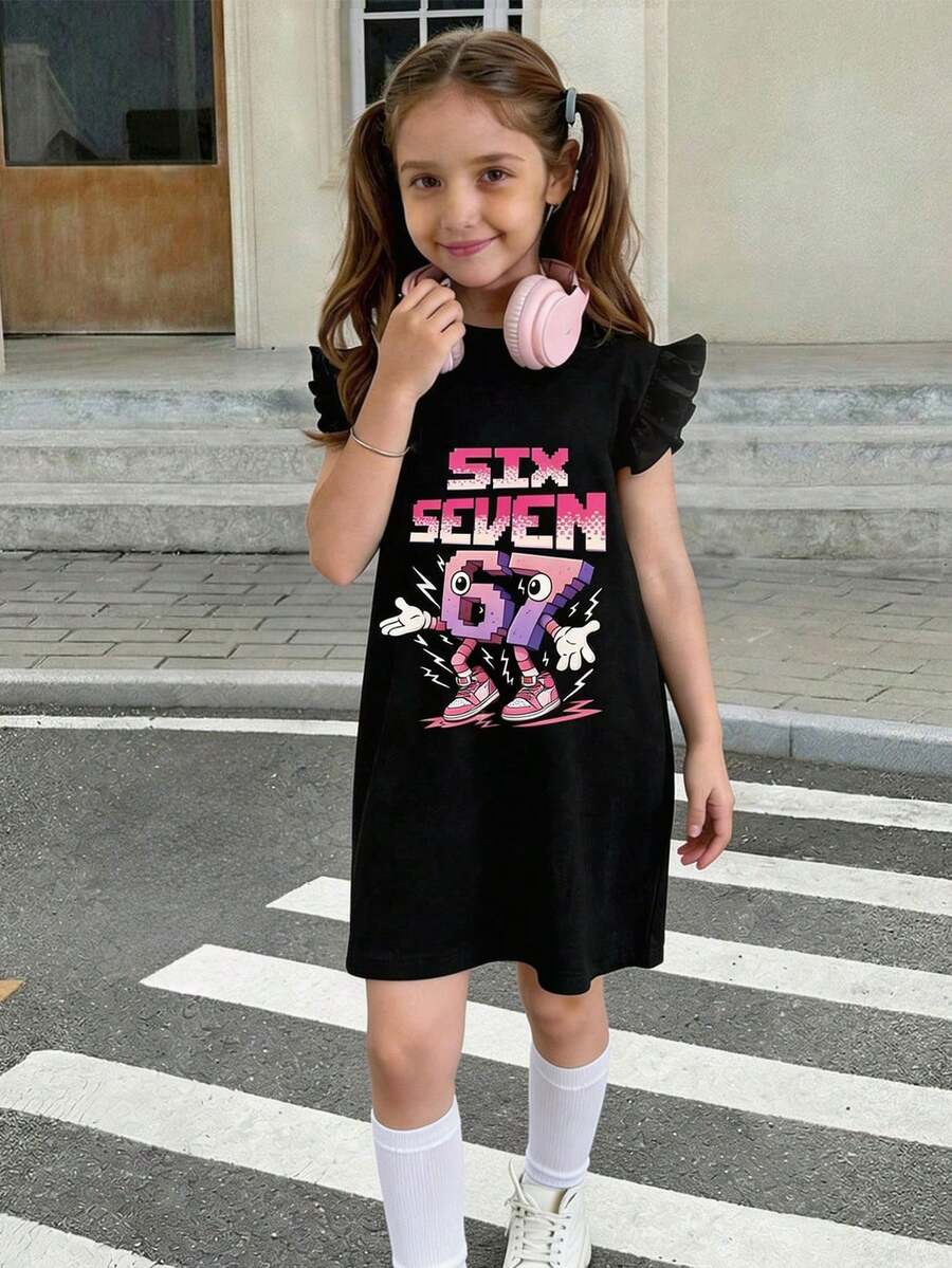 Teenage Girls' Ombre Interesting "67" Graphic Print Casual Elegant Dress - Black - View 1