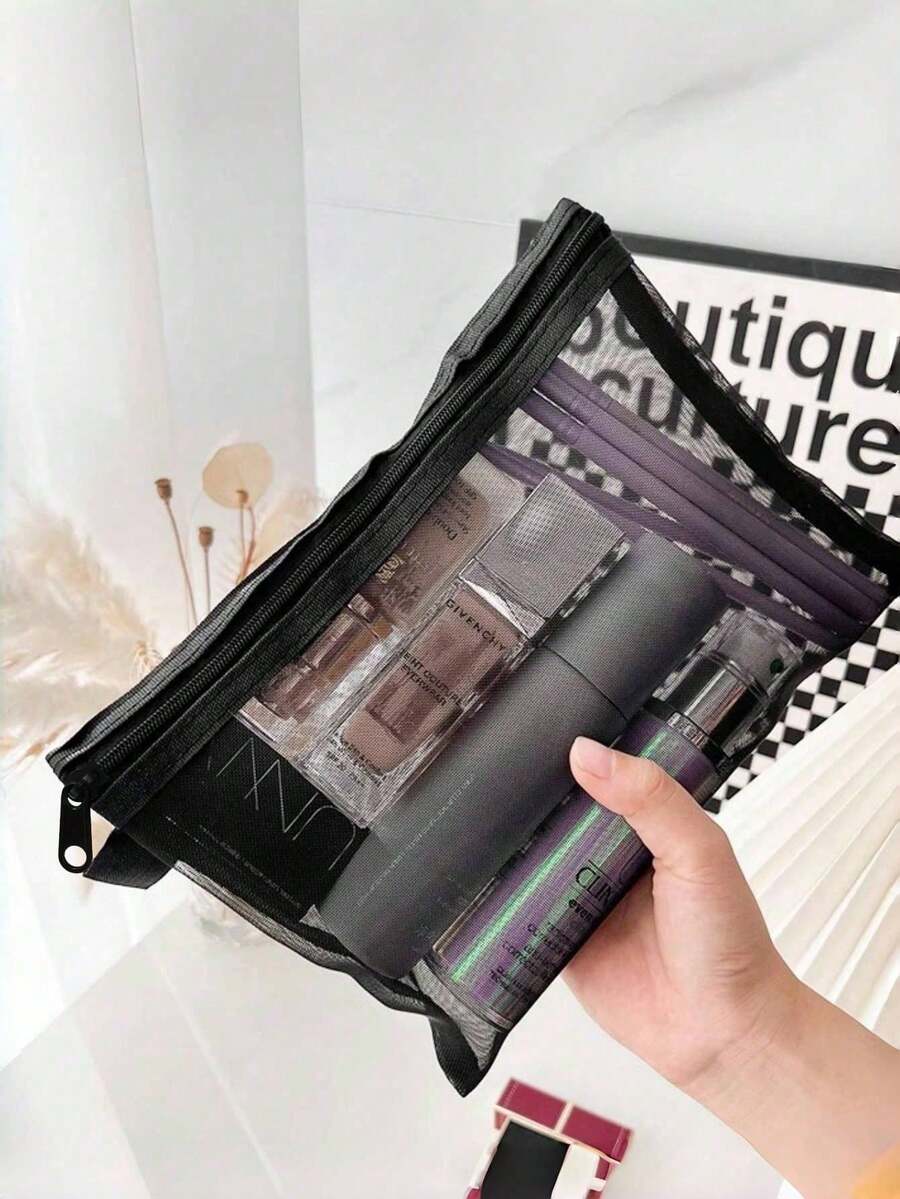 2025 New Minimalist Mesh Cosmetic Bag, Lipstick Pad Storage Pouch, Large Capacity Portable Travel Organizer, Daily Makeup Storage Box, Travel Essential, Suitable For Halloween And Christmas Gifts - Black - View 1