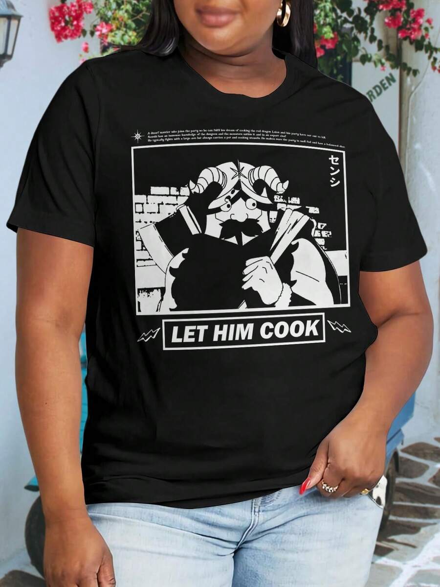 Senshi Let Him Cook Oversize Women T-Shirt Anime Dungeon Meshi Delicious Fanart Design Big Size Tee Streetwear Apparel - 黑色 - 查看 1