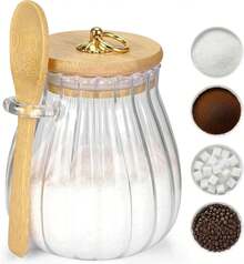 Sugar Container With Bamboo Lid And Spoon,15 Oz Sugar Bowl Glass Jar For Coffee Bar Accessories Coffee Canister Kitchen Decor Housewarming Gift Christmas Refillable Design - 15oz Striped Glass - View 1