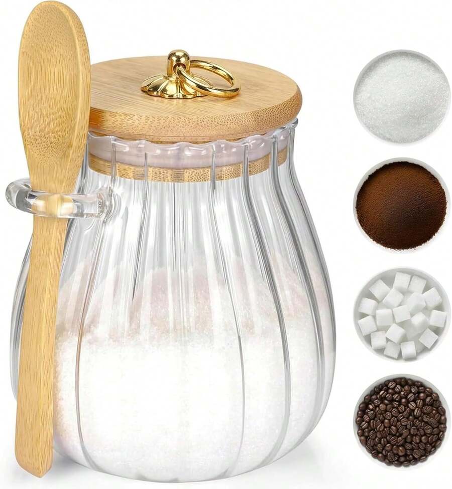 Sugar Container With Bamboo Lid And Spoon,15 Oz Sugar Bowl Glass Jar For Coffee Bar Accessories Coffee Canister Kitchen Decor Housewarming Gift Christmas Refillable Design - 15oz Striped Glass - View 1