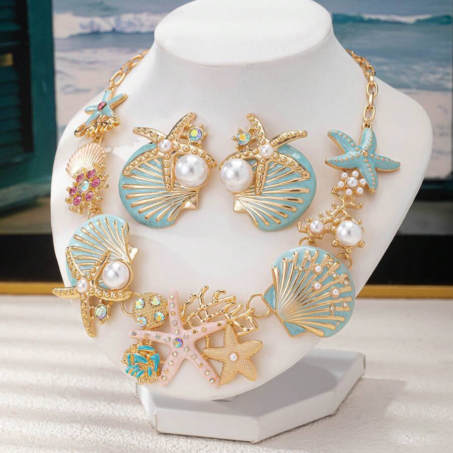 3 Piece Set Ladies' High-End Colorful Starfish Shell Necklace And Earring , Perfect For Daily Party And Vacation Wear, Holiday Gift - 彩色的 - 查看 1