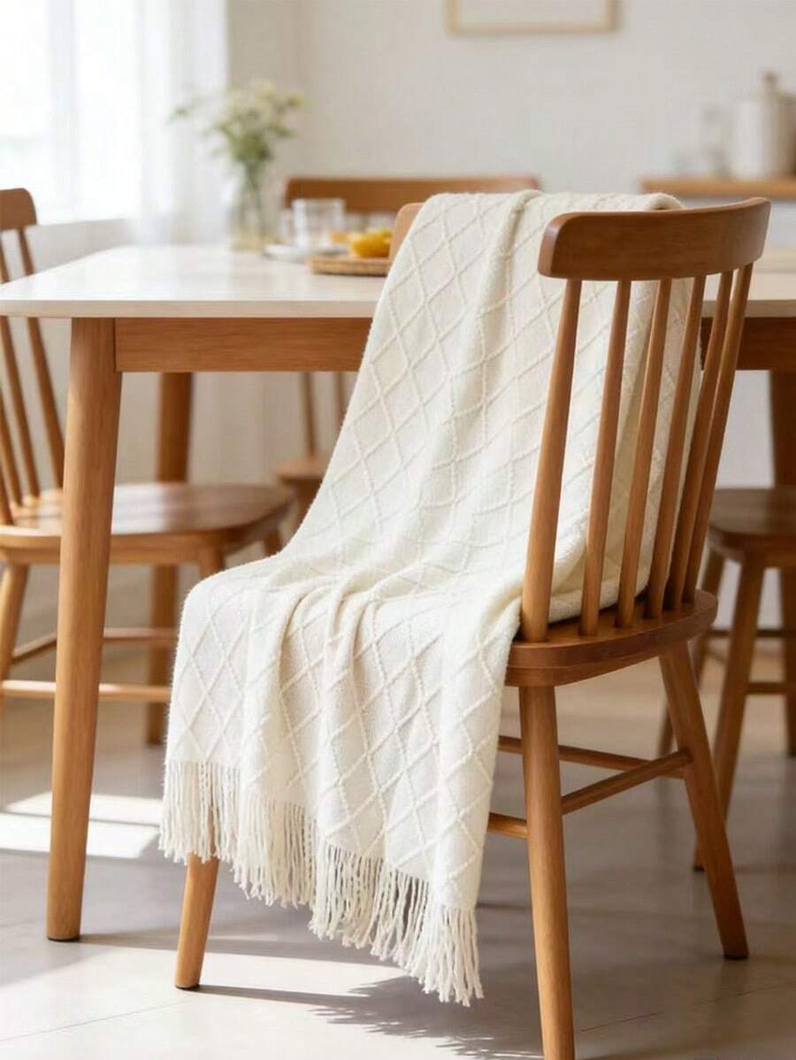 1 Diamond Grid Textured Knit Throw Blanket, Soft And Comfortable, Suitable For All Seasons, Suitable For Sofa, End Of Bed, Travel, Home Decor - Mixed Color Geometric Pattern, Acrylic Fabric - Diamond-shaped Scarf Beige - View 1