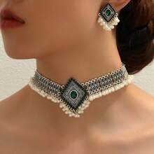 3 Pcs Fashion Vintage Middle Eastern Style Faux Pearl Tassel Earrings And Necklace Set - Rhinestone Embellished, Alloy, Suitable For Party - Silver - View 7
