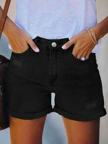 Quần short denim nữ màu trơn dáng rộng, ống lửng, kiểu dáng thường ngày, màu đen, thích hợp mặc mùa hè. - màu đen - Xem 3