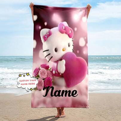 SANRIO Customized Name Blanket With Hello Kitty Design, Personalized Name Printing, Modern Style Polyester Fabric, Suitable For Beach, Yoga And Sports - 240g Knitted Fabric - Unisex - Suitable For Summer And Outdoor Activities