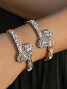 1 pieza Brazalete de mujer color dorado, estilo hip hop con brazalete de lujo con forma de corazón de diamante de imitación, regalo de joyería de moda, adecuado para el Día de San Valentín, Día de la Madre - pulsera de amor - Ver 4