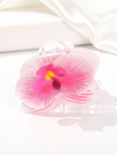 1 Pc Realistic Orchid Flower Hair Claw Clip For Women, 3D Tropical Floral Jaw Clip, Pink And White Summer Beach Accessory With Strong Non-Slip Hold, Elegant Hair Clamp For Daily Wear And Vacation
