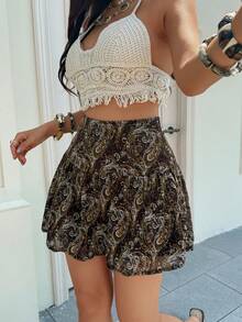 Chân váy ngắn nữ thời trang in họa tiết hoa điều màu nâu, kiểu dáng thanh lịch, sang trọng và dễ phối đồ. - màu nâu - Xem 1