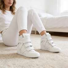 Hidden Wedge Sneakers For Women High Top Fashion Sneaker Suede High Heel Platform Tennis Triple Strappy Band Casual Vintage Dressy Comfy Campus  Retro Sneaker - 白色 - 查看 6