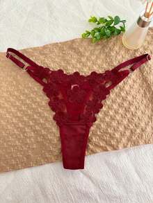 1pc Personalized Name Customized Crystal Letter Decor Sexy Embroidery Bikini Panty, T-Back Floral Panty, Custom Made G-String Underwear, Gift For Girlfriend, Wife, Best Friend For Valentine's Day, Christmas, Halloween, Thanksgiving, Birthday, Anniversary,Bridallingerie - Burgundy - View 4