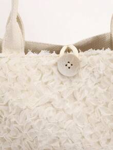 1pc Colorful Sequin & Mesh Patchwork Linen Tote Bag, Fashion Floral & Leaf Embroidery Design, Large Capacity Square Shoulder Bag, Casual Vacation Style Shopping Bag (Floral Pattern Randomly Distributed) - White - View 8