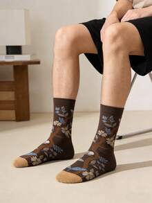 1 双男士棕色底色撞色花鸟图案中筒袜，复古艺术风日常穿着 - 彩色 - 查看 3
