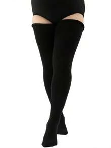 1pair Women's Plus Size Thigh High Socks With Anti-Slip Bands, Warm Kneehigh Leg Warmers, Cozy - màu đen - Xem 4