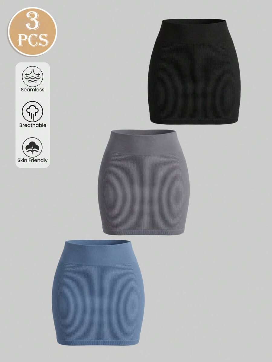 3pcs Women High Waist Seamless Bodycon Skirts Minimalist Ribbed Comfy Mini Skirt For Office Dating Daily Wear - Multicolor - View 1