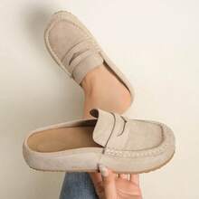 Preppy Style Patchwork Office Lady Fashion Versatile New Plus Size Women Shoes, Backless Flat Soft Bottom Comfortable Shoes For Spring & Autumn - Khaki - View 3