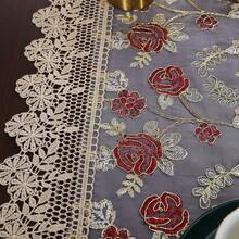HXARTMIS 1pc Elegant Lace Rose Embroidered Edged Table Runner, Vintage Lace Mesh Table Decor, Romantic Floral Dining Table Decoration Suitable For Restaurant, Kitchen, Wedding, Party, Home Decor, Mother's Day, Valentine's Day, Father's Day Holiday Themes - Brown - View 5