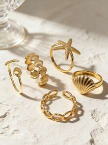 Set de 3/5 anillos de acero inoxidable chapado en oro de 18K de la serie Océano con estrellas de mar y conchas, anillos geométricos ajustables impermeables adecuados para fiestas de playa de verano - Anillo abierto - Ver 5