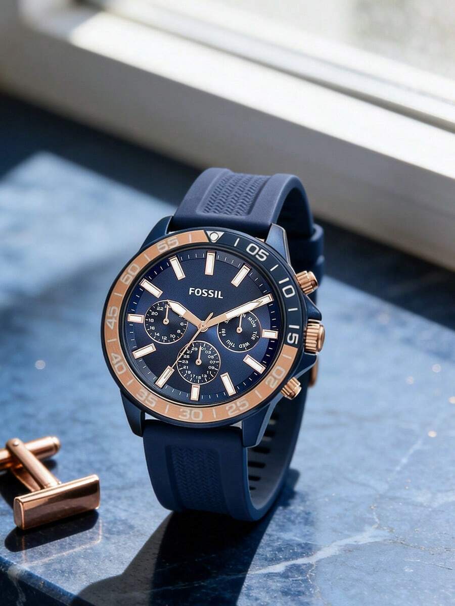 Fossil 男士石英硅胶三针手表，不锈钢表壳/玻璃表盘，型号 BQ2498 - 藍色 - 查看 1