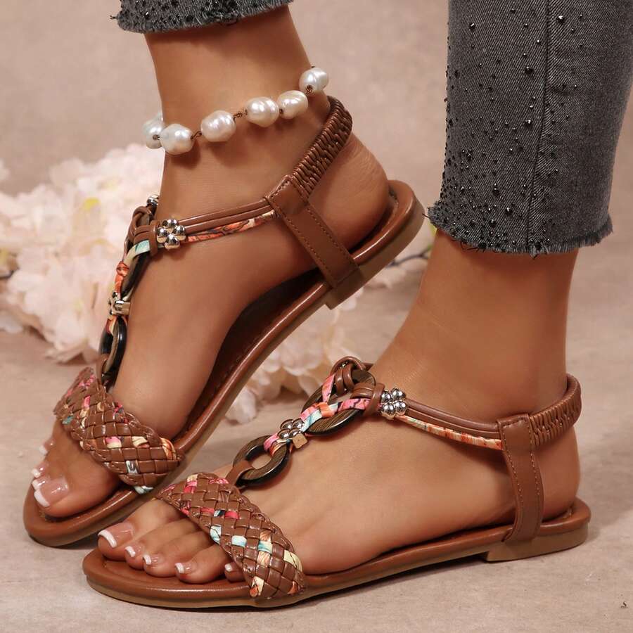 Comfort Walking Colorful Woven Braided Bohemian Sandals For Women Summer Beach Shoes Flats - 棕色 - 查看 1