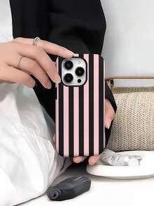 1个黑粉条纹图案二合一防震手机保护壳，PC材质，适合作为节日礼物，兼容苹果Xs/Xsmax/Xr/11/12/13/14/15/16pro/Promax/14/15/16plus/17/17pro/17promax，男女通用 - 米色 - 查看 1