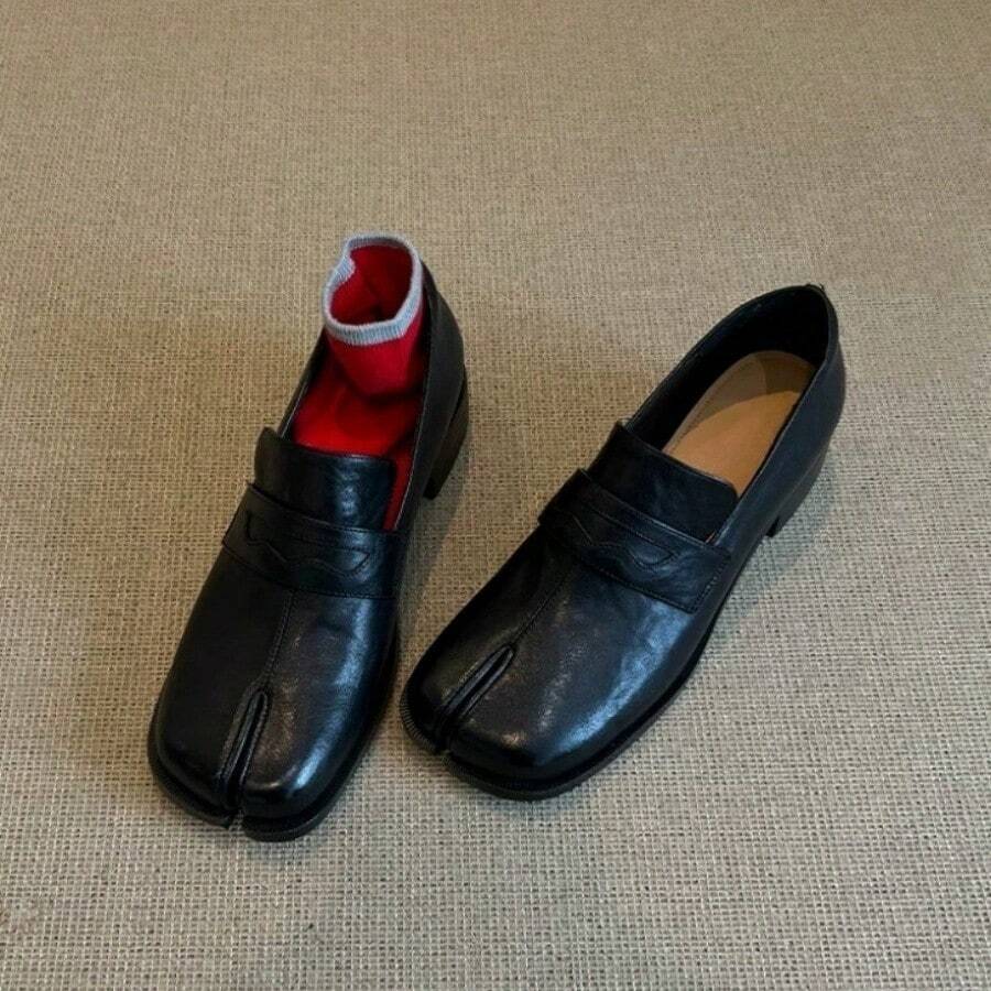 Women's Soft Leather Minimalist Slip-On Split Toe Chunky Heel Elevated Shoes, New Spring Horse Hoof Shoes - Black - View 1