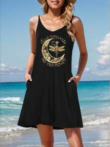 Plus Size - A Chic Black U-Neck Hello Darkness My Old Eriend Dress Designed For Plus-Size Women, Ideal For Beach Getaways, Summer Events, And Casual Lounging. This Elegant Spaghetti Strap Dress Is Perfect For Weddings And Evening Parties - 黑色 - 查看 1
