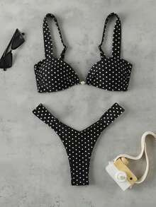 New Polka Dot Ruched Sexy Elegant Beach Vacation Party Swimsuit Set For Women, Spring/Summer - MultiWarna - View 2