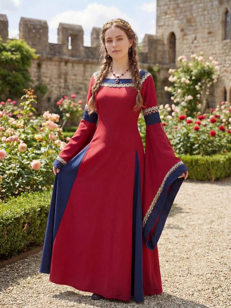 Faldas Largas Para Mujer,Medieval Dress Long Renaissance Costume Women Victorian Retro Gown Cosplay Women Halloween Outfit - 酒紅色 - 查看 1
