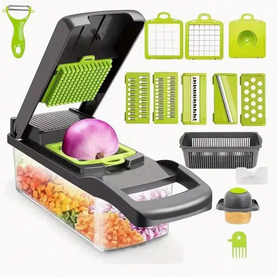 16-In-1 Kitchen Tool For Preparing Salads, Fruits, And Vegetables, Including A Peeler, Slicer, Cutter, Dicer, And Shredder.