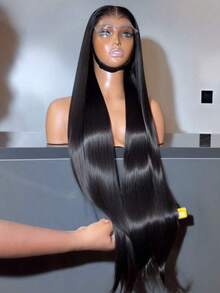 Peluca de cabello humano con encaje frontal recto de 13X6, peluca de cabello humano con encaje transparente HD de 13x4, densidad de 200%, con cabello bebé previamente desbastado, línea del cabello recta, estilo bob, color negro natural (24 pulgadas) - Natural y Negro - Ver 2