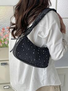 新款时尚星月图案褶皱云朵单肩包，休闲斜挎法棍包，女士 - 黑色 - 查看 11