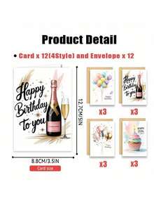 24pcs Birthday Card Set With Envelopes, Includes 24pcs Watercolor Balloon & Cake Happy Birthday Cards, Suitable For Any Occasion Like Christmas, Thank You, Congratulations And Sentimental Themes - Multicolor - View 4