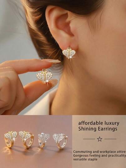 1 Đôi bông tai kẹp hình trái tim hai tông màu sang trọng dành cho nữ, đính đá lấp lánh, trang sức thanh lịch cho công sở, đeo hàng ngày, quà tặng sang trọng giá cả phải chăng