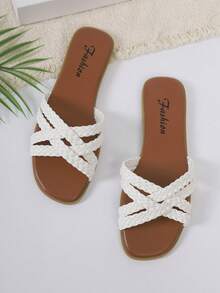 夏季编织交叉拖鞋，时尚休闲平底露趾沙滩拖鞋 - 白色 - 查看 5