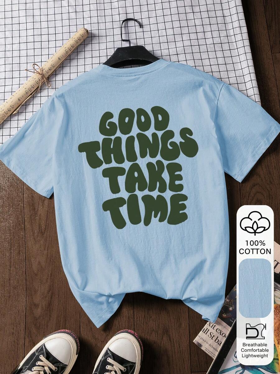 Good Things Take Time 文字印花 100% 純棉休閒夏季短袖上衣,圖案 T 恤,柔軟面料,純棉服飾,戶外穿著,印花圖案,夏季 T 恤,女款 T 恤,夏季上衣,度假,旅行風格,海灘氛圍,極簡度假風 - 淺藍色 - 查看 1