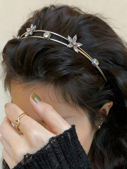 1pc Floral Print Retro Zinc Alloy Double-Layer Rhinestone Flower Headband, Hollow Delicate Hairband, Vintage Aesthetic, Suitable For All Seasons