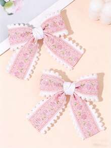 1 Piece Cute Pink Floral Embroidered Bow Hair Clips For Girls, Sweet Lace Edge Hair Barrettes, Princess Style Hair Accessories For Girls Daily Wear And Party - Clip - View 5
